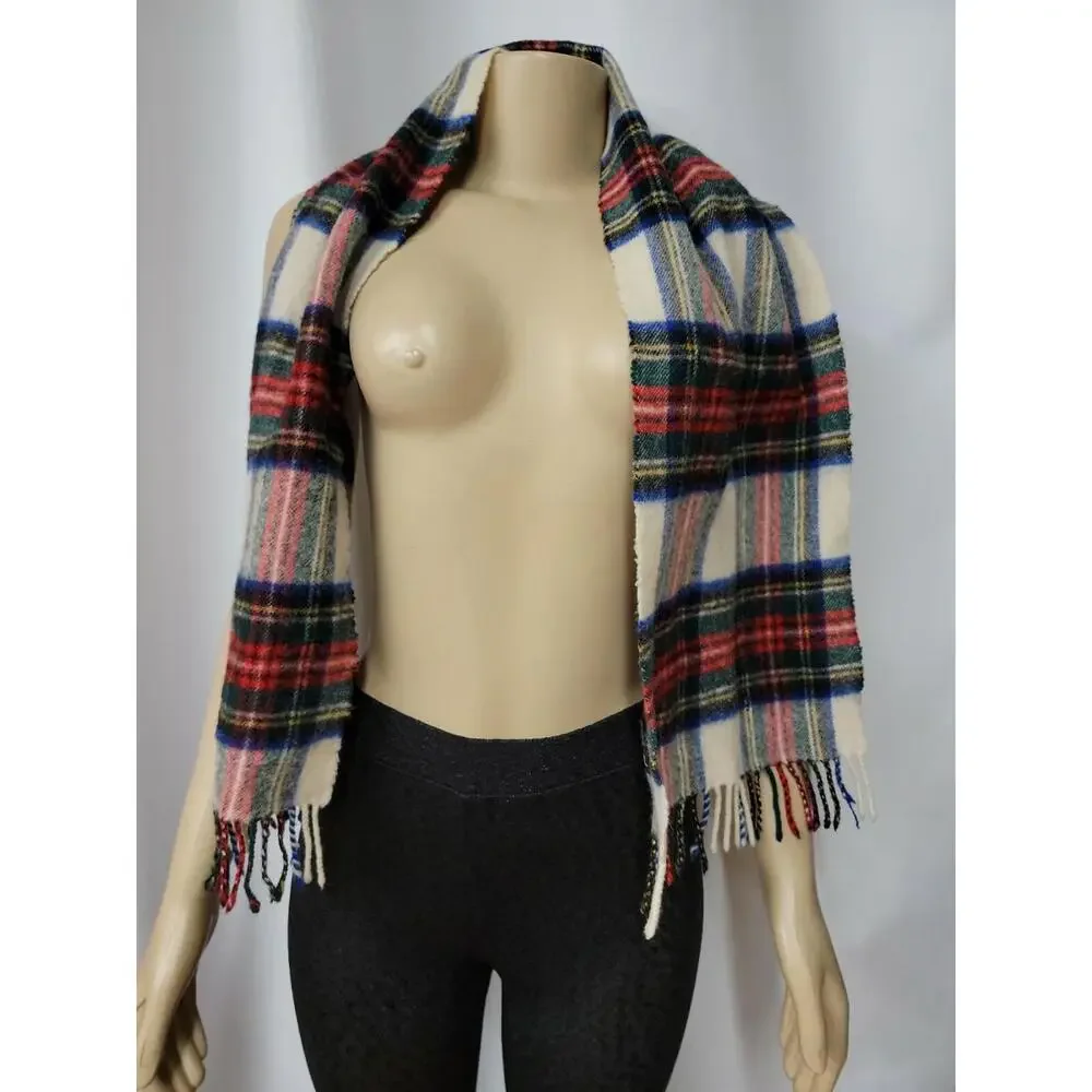 Johnstons Of Elgin Scarf Men's Blue Green Plaid 100% Lambswool Fringed #C3